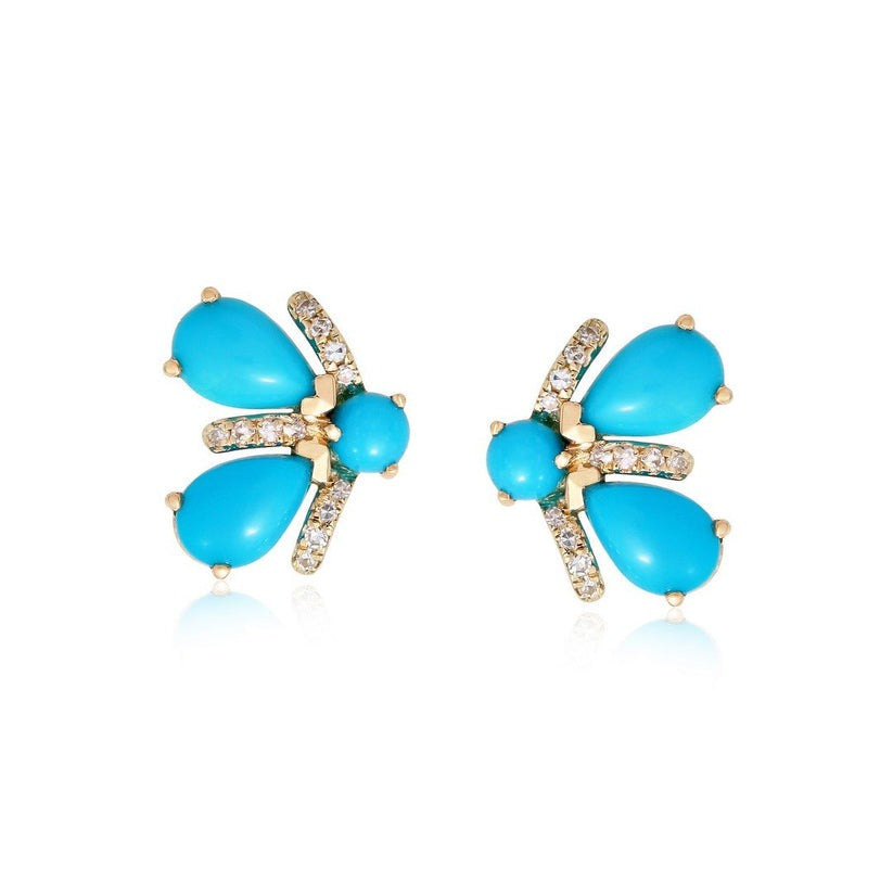 Bee Wing Turquoise Diamond Earrings in 14K Yellow Gold