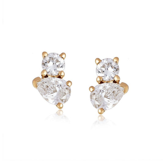 Duo Pear Round Diamond Stud Earrings in 14K Yellow Gold