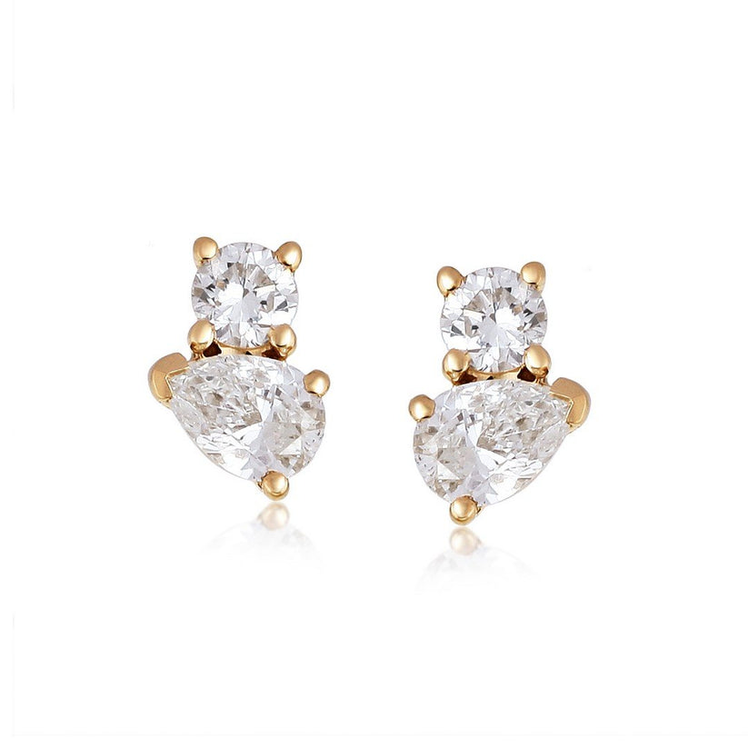 Duo Pear Round Diamond Stud Earrings in 14K Yellow Gold