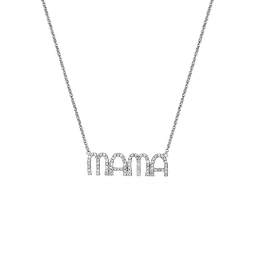 Stylish Round Diamond Mama Letter Necklace in 14K White Gold