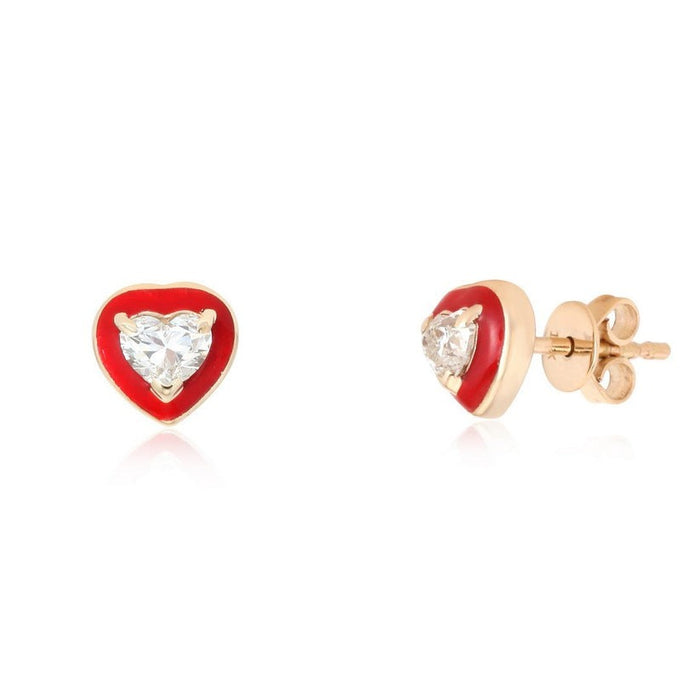 Red Enamel Heart Diamond Stud Earrings in 14K Yellow Gold