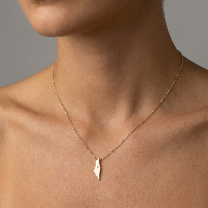Gold Map Pendant Round Diamond Necklace in 14K Yellow Gold