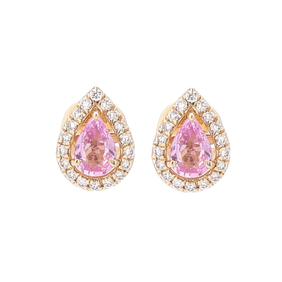 Pink Sapphire Celeste Halo 14K (18k Custom) Natural Diamond Yellow Gold Stud Earrings