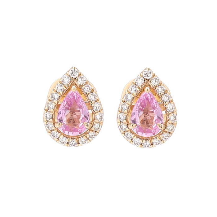 Pink Sapphire Celeste Halo 14K (18k Custom) Natural Diamond Yellow Gold Stud Earrings