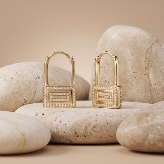 Geometric Lock Diamond Huggie Earrings in 14K Yellow Gold