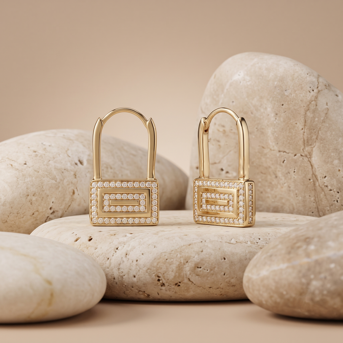Geometric Lock Diamond Huggie Earrings in 14K Yellow Gold