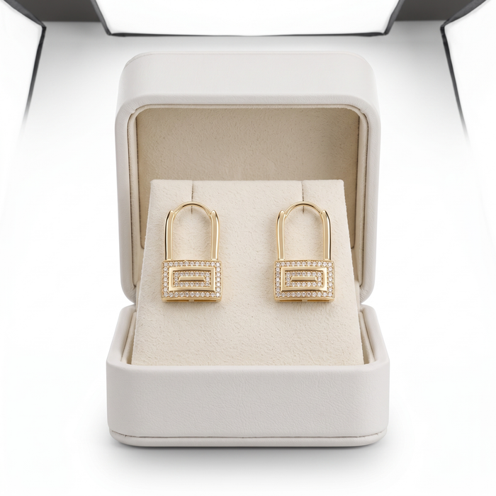 Geometric Lock Diamond Huggie Earrings in 14K Yellow Gold