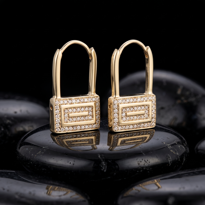 Geometric Lock Diamond Huggie Earrings in 14K Yellow Gold
