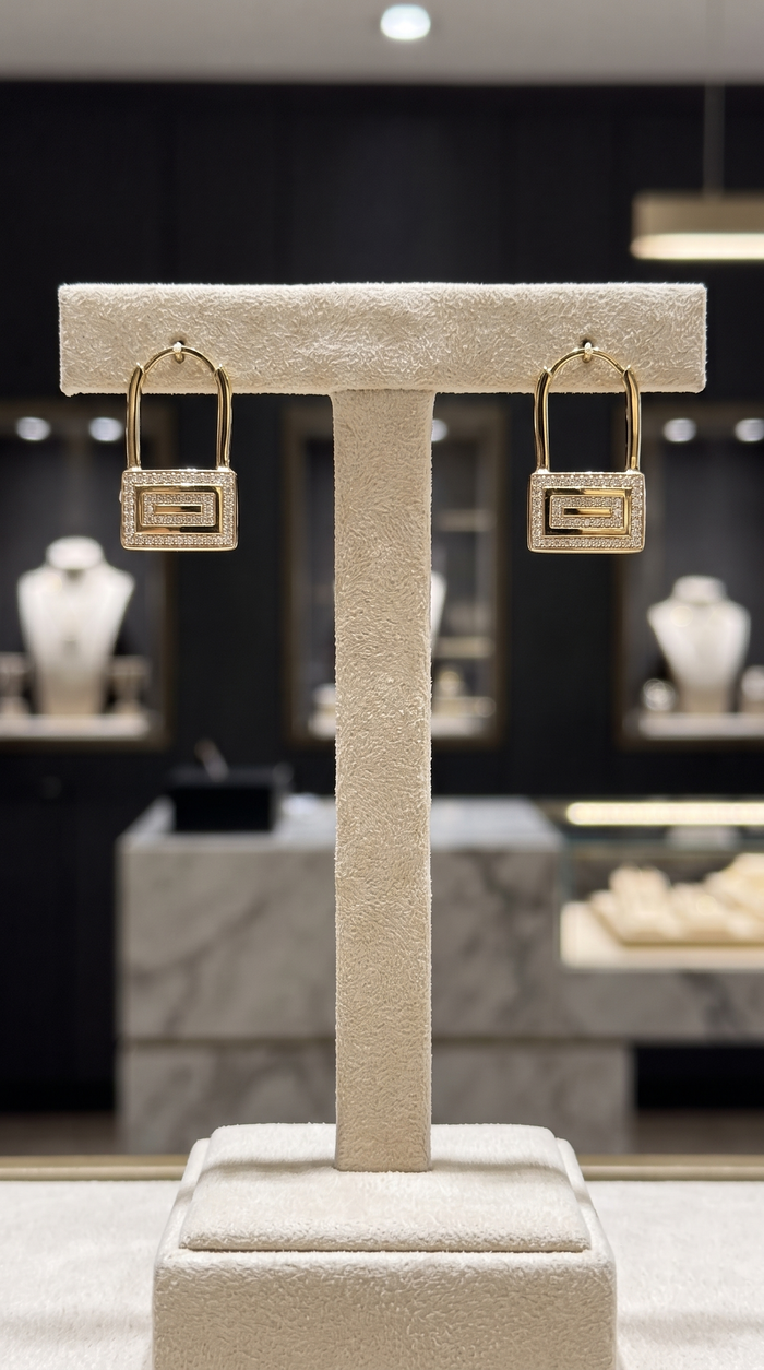 Geometric Lock Diamond Huggie Earrings in 14K Yellow Gold