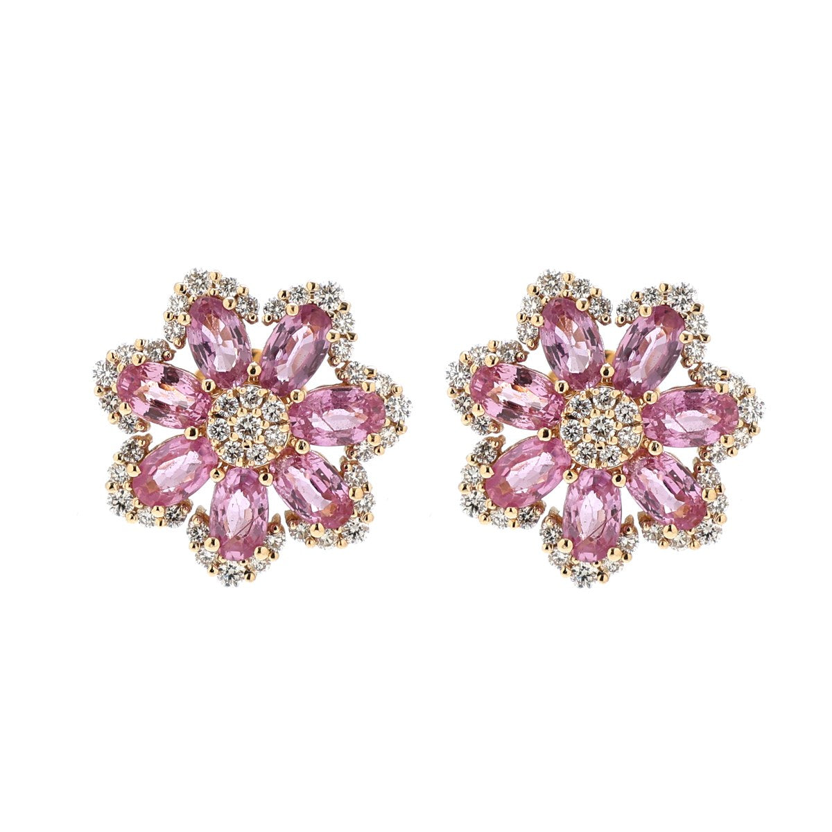 Pink Sapphire Floral 14K (18k Custom) Natural Diamond Yellow Gold Stud Earrings
