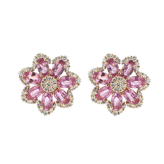 Pink Sapphire Floral 14K (18k Custom) Natural Diamond Yellow Gold Stud Earrings