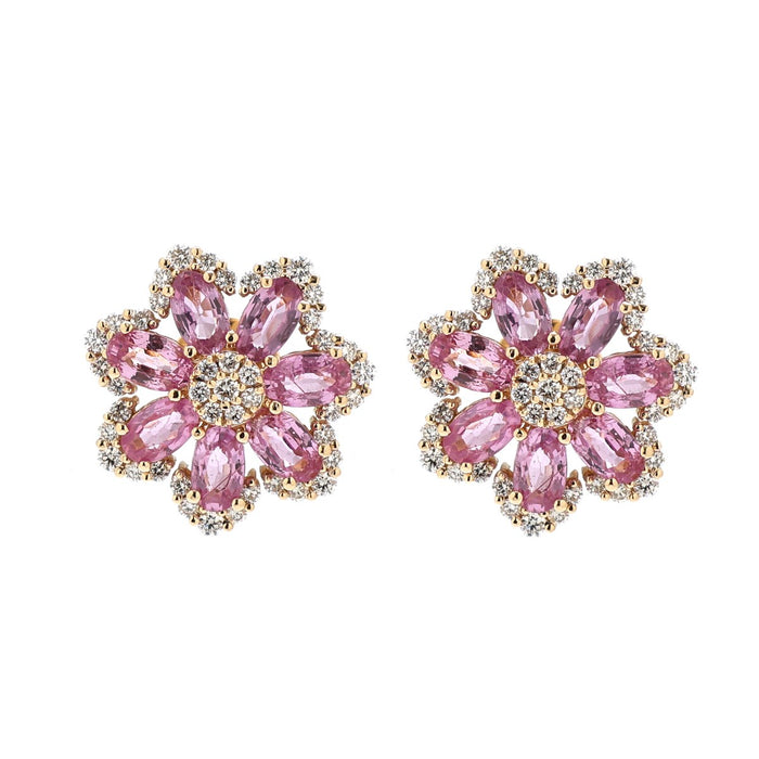 Pink Sapphire Floral 14K (18k Custom) Natural Diamond Yellow Gold Stud Earrings