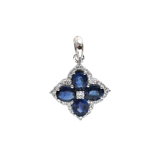 Blue Sapphire Diamond 18K White Gold Floral Pendant Necklace