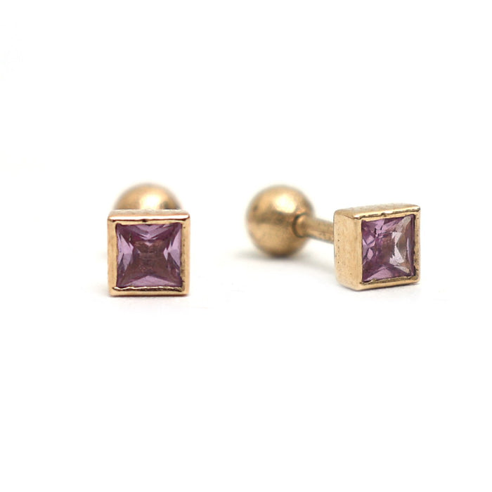 Princess Cut 14K(18K Custom) Pink Sapphire yellow Gold Stud Earrings