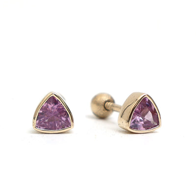 Trillion Cut Pink Sapphire 14K (18K Custom) Yellow Gold Solitaire Stud Earrings