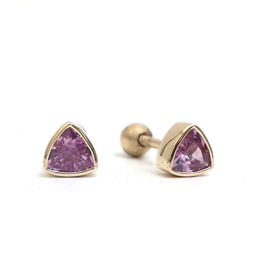 Trillion Cut Pink Sapphire 14K (18K Custom) Yellow Gold Solitaire Stud Earrings