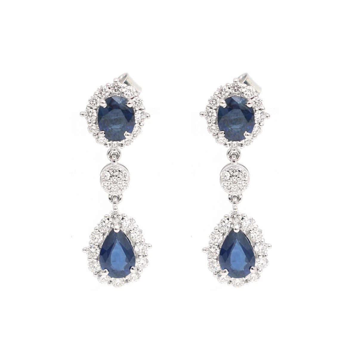 Blue Sapphire & Natural Diamond Drop Earrings in 18K White Gold