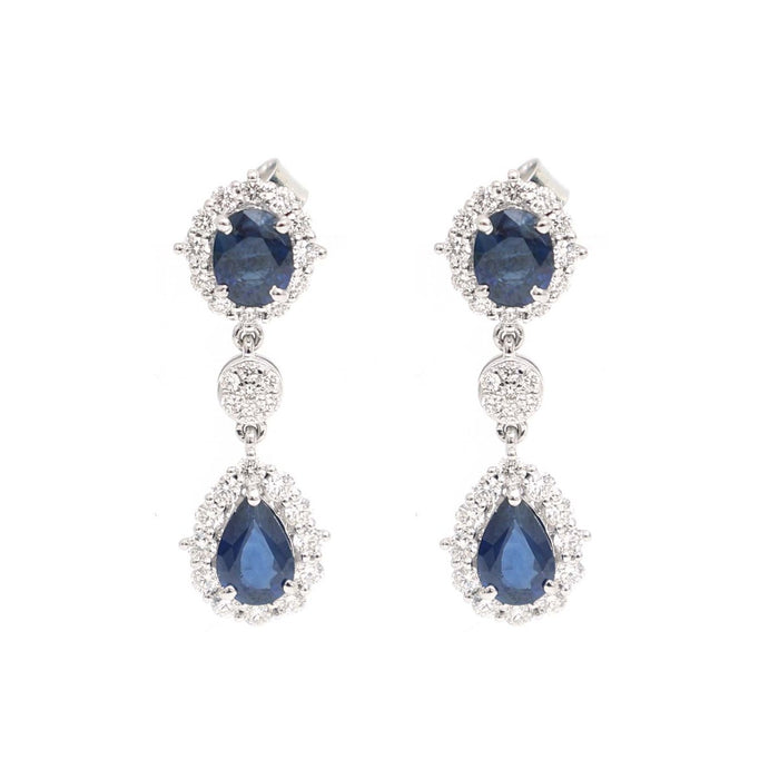 Blue Sapphire & Natural Diamond Drop Earrings in 18K White Gold