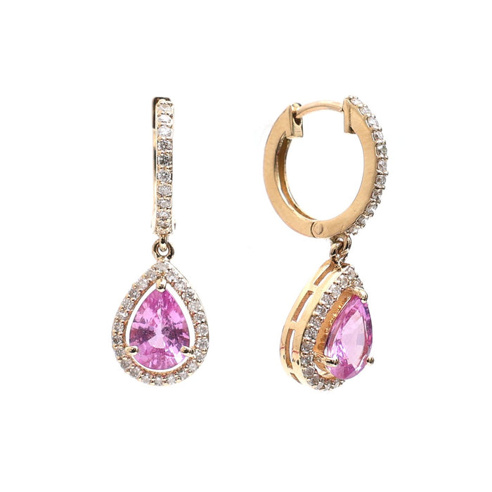 Pear Pink Sapphire Halo 18K Natural Diamond Yellow Gold Hoop Earrings