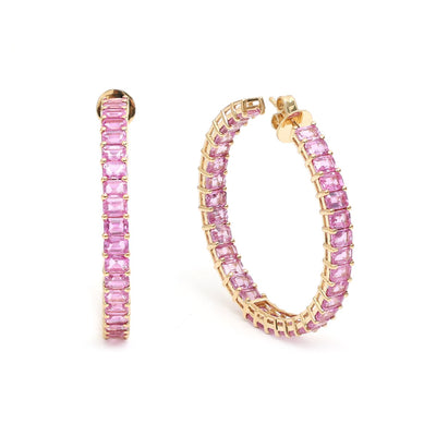 Pink Sapphire Radiant Loop 18K Yellow Gold Hoop Earrings