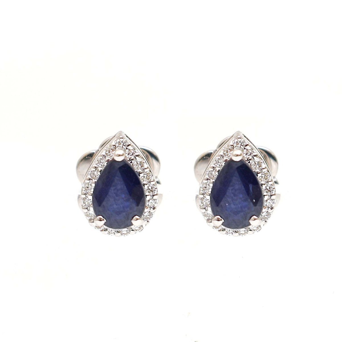 Pear Blue Sapphire Halo 18K Natural Diamond White Stud Earrings