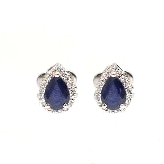 Pear Blue Sapphire Halo 18K Natural Diamond White Stud Earrings