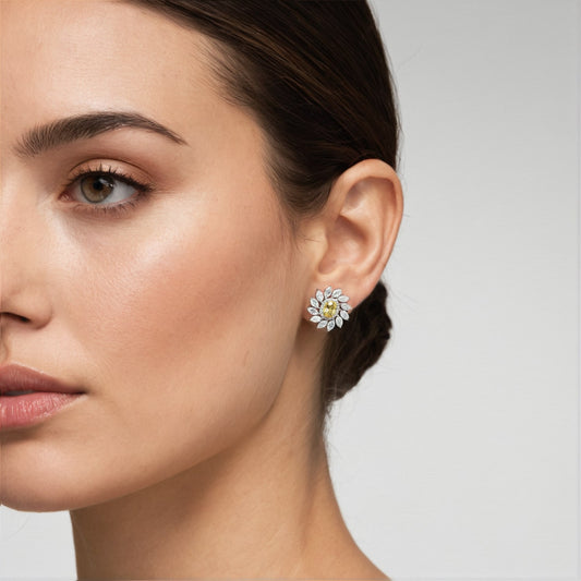Floral Diamond 14K Yellow Centre White Marquise Earrings