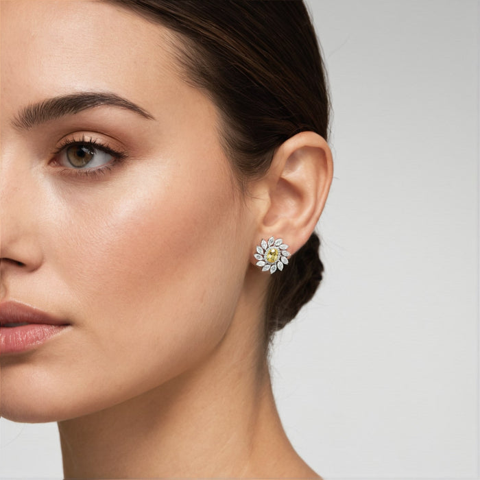 Floral Diamond 14K Yellow Centre White Marquise Earrings