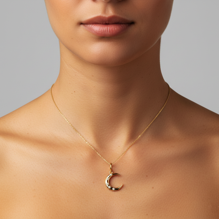 Five Diamond Moon Pendant Necklace in 14K Yellow Gold