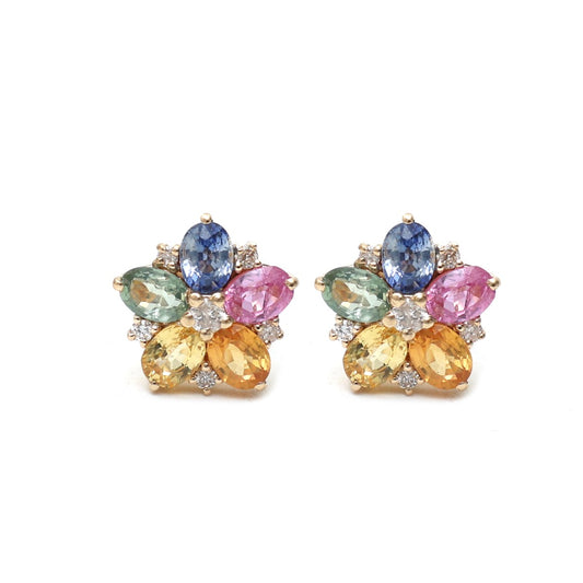 Rainbow Sapphire Floral Cluster 18K Natural Diamond Yellow Gold Stud Earrings