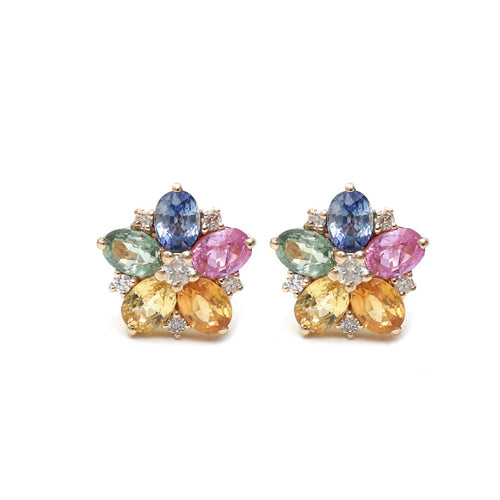 Rainbow Sapphire Floral Burst 18K Natural Diamond Yellow Gold Stud Earrings