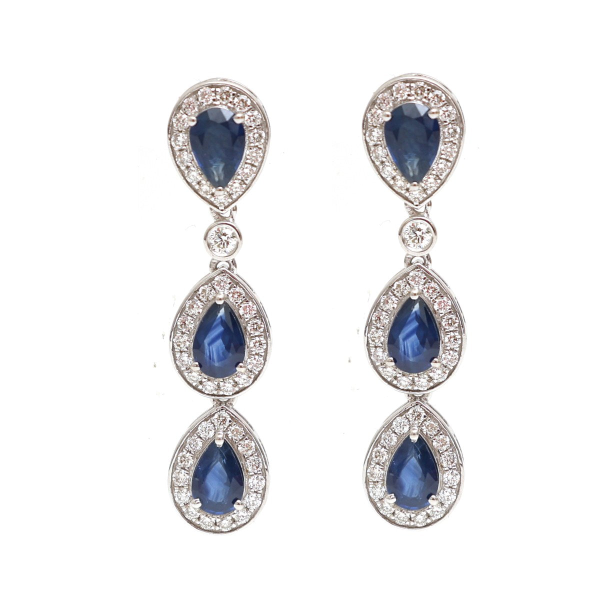 Blue Sapphire Triple Halo 18K Natural Diamond White Gold Drop Earrings