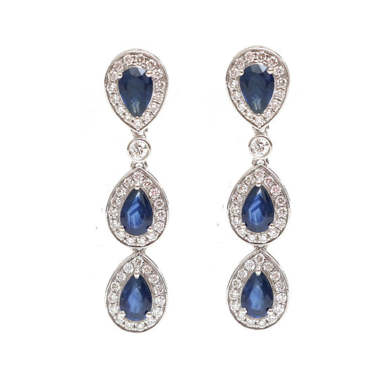 Blue Sapphire Triple Halo 18K Natural Diamond White Gold Drop Earrings