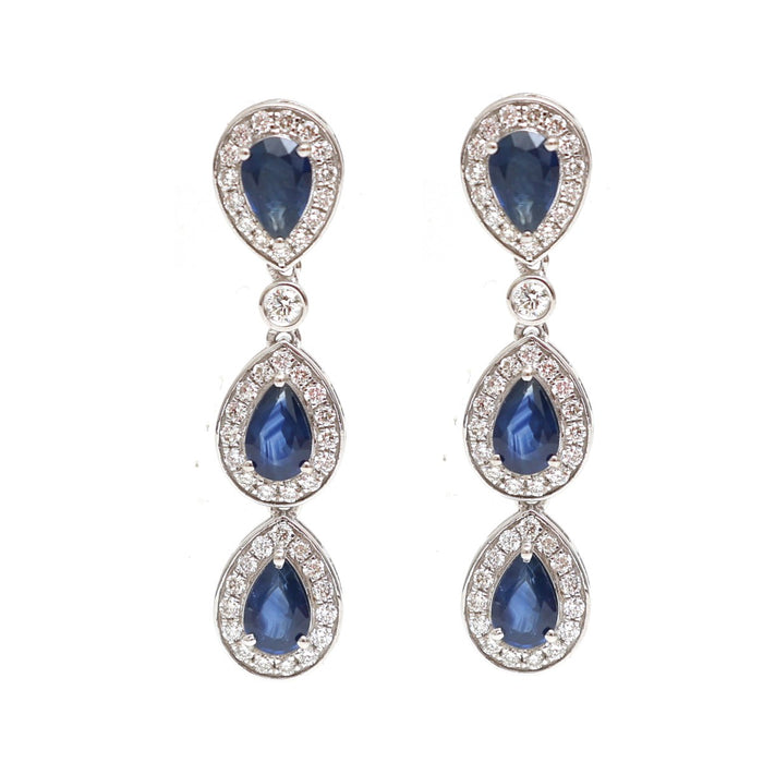 Blue Sapphire Triple Halo 18K Natural Diamond White Gold Drop Earrings