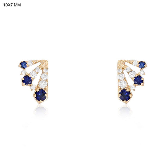 Polished Blue Sapphire Emerald Stud Earrings in 14K Yellow Gold