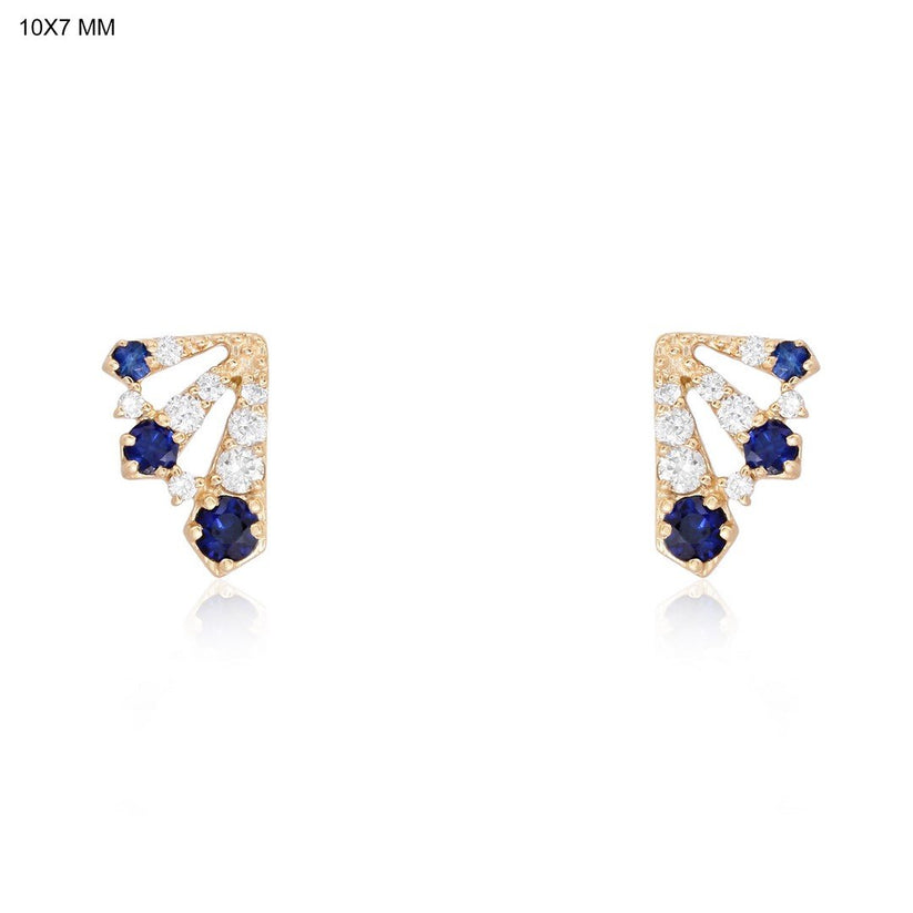 Polished Blue Sapphire Emerald Stud Earrings in 14K Yellow Gold