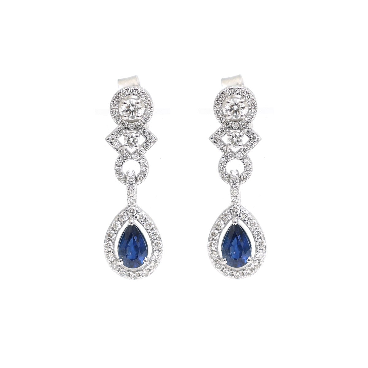 Blue Sapphire Halo 18K Natural Diamond Gold Drop Earrings