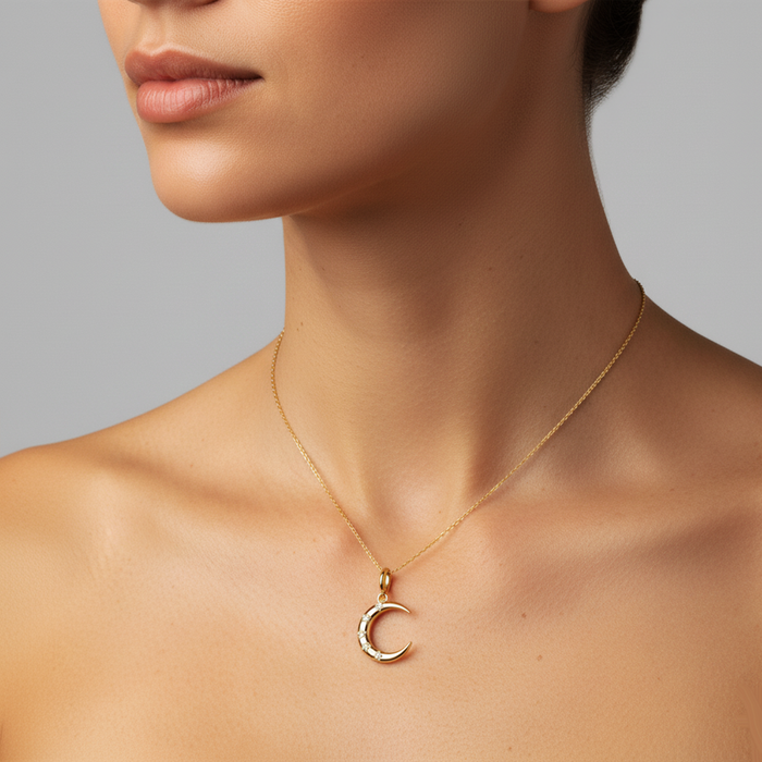 Five Diamond Moon Pendant Necklace in 14K Yellow Gold
