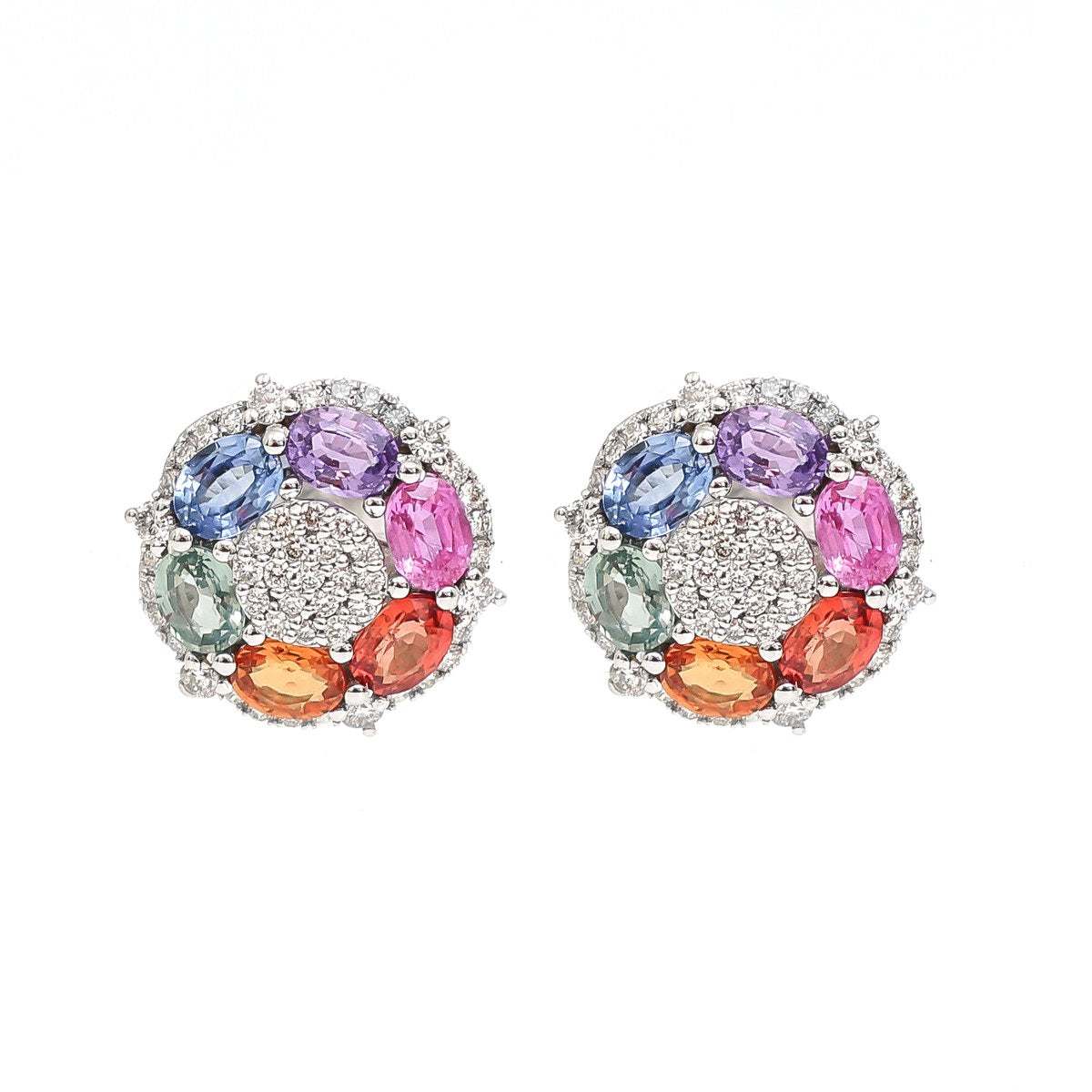 Rainbow Sapphire Cluster 18K Natural Diamond White Gold Stud Earrings