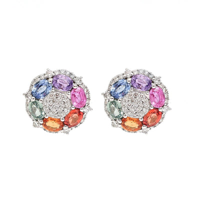 Rainbow Sapphire Cluster 18K Natural Diamond White Gold Stud Earrings