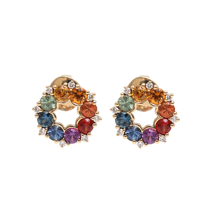 Rainbow Sapphire Circle 18K Natural Diamond Yellow Gold Stud Earrings