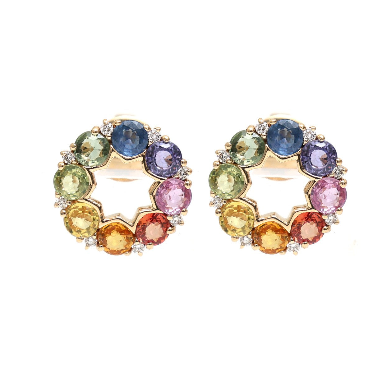 Rainbow Sapphire Spectrum Circle 18K Natural Diamond Yellow Gold Stud Earrings
