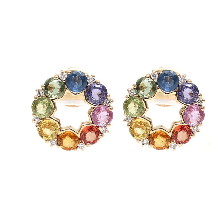 Rainbow Sapphire Spectrum Circle 18K Natural Diamond Yellow Gold Stud Earrings