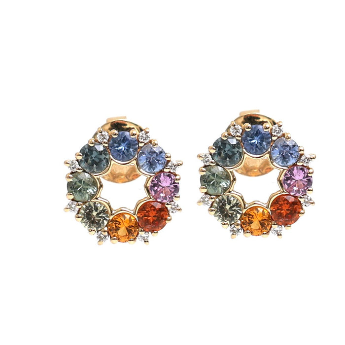 Rainbow Sapphire 18K Natural Diamond Yellow Gold Stud Earrings