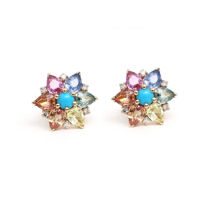 Rainbow Sapphire Turquoise Bloom 18K Natural Diamond Rose Gold Stud Earrings