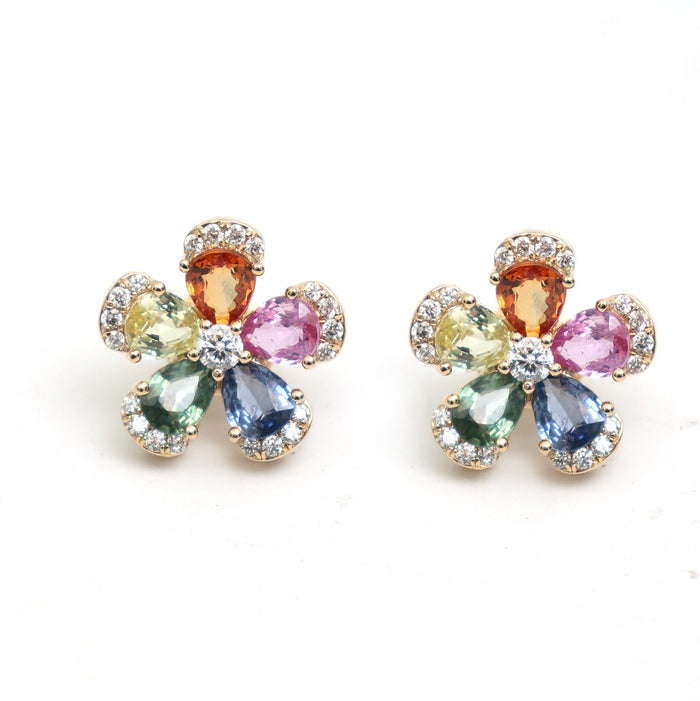 Rainbow Sapphire Garden Glow 18K Natural Diamond Yellow Gold Stud Earrings