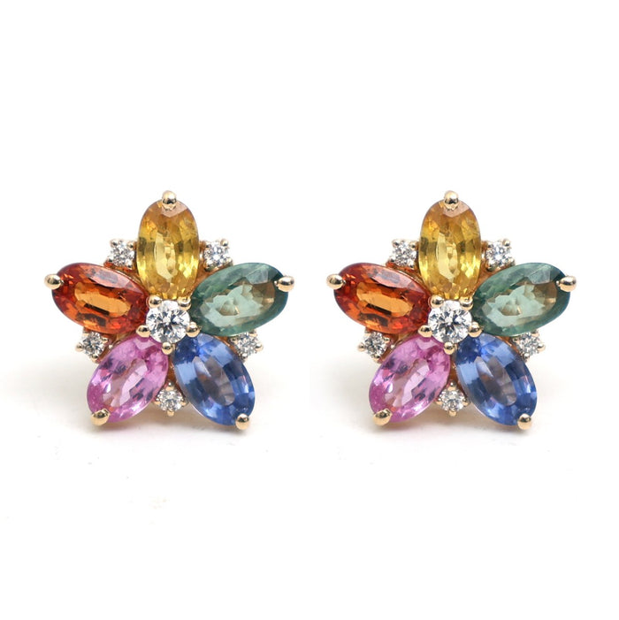 Rainbow Sapphire Petal Prism 18K Natural Diamond Yellow Gold Stud Earrings