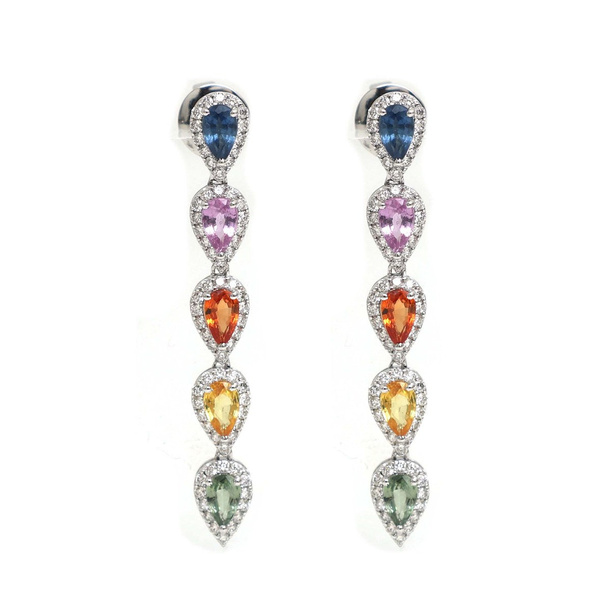 Rainbow Sapphire Cascade 18K Natural Diamond White Gold Drop Earrings