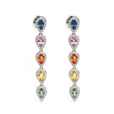 Rainbow Sapphire & Natural Diamond Drop Earrings in 18K White Gold