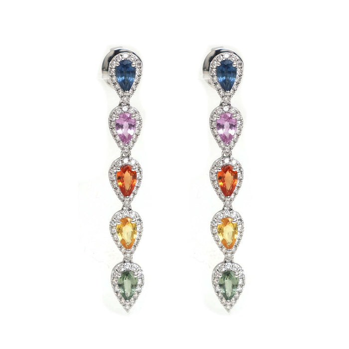 Rainbow Sapphire Cascade 18K Natural Diamond White Gold Drop Earrings